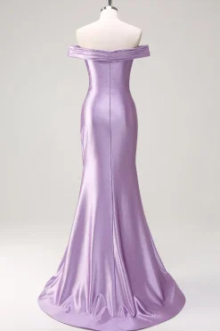 Sereia Lilás Fora do Ombro Ruched Long Prom Dress
