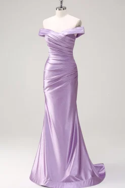 Sereia Lilás Fora do Ombro Ruched Long Prom Dress