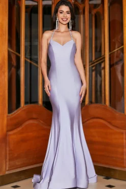 Sereia Lilás Halter Neck Backless Long Prom Dress