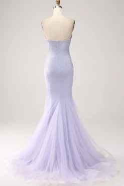 Sereia Lilás Querida Strapless frisado vestido longo baile de formatura