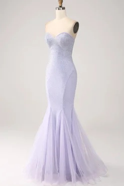 Sereia Lilás Querida Strapless frisado vestido longo baile de formatura