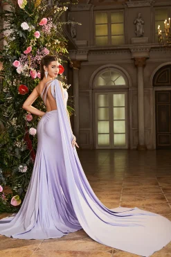 Sereia Lilás Um Ombro Frisado Longo Vestido de Baile com Fenda