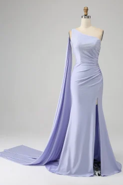 Sereia Lilás Um Ombro Longo Vestido de Baile com Fenda
