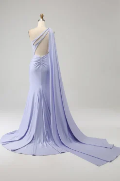 Sereia Lilás Um Ombro Longo Vestido de Baile com Fenda