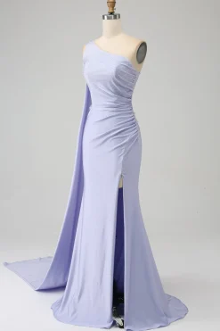 Sereia Lilás Um Ombro Longo Vestido de Baile com Fenda