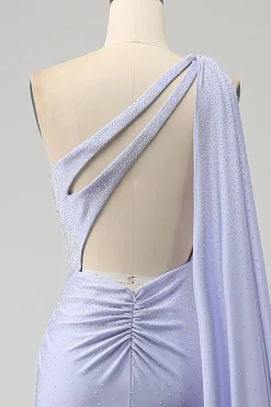 Sereia Lilás Um Ombro Longo Vestido de Baile com Fenda