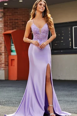 Sereia Lilás V Pescoço Aberto Costas Frisadas Apliques Vestidos de Baile com Fenda