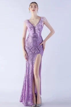 Sereia Lilás V Pescoço Lado Fenda Frisado Vestido de Noite Com Pena