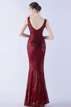 Sereia Lilás V Pescoço Lado Fenda Frisado Vestido de Noite Com Pena
