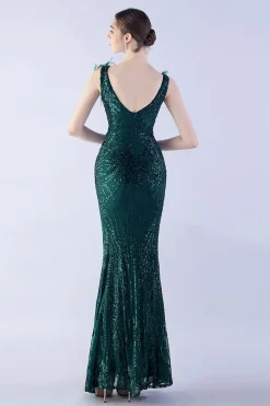 Sereia Lilás V Pescoço Lado Fenda Frisado Vestido de Noite Com Pena