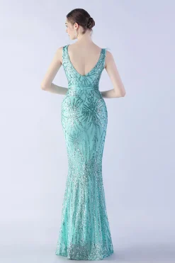 Sereia Lilás V Pescoço Lado Fenda Frisado Vestido de Noite Com Pena