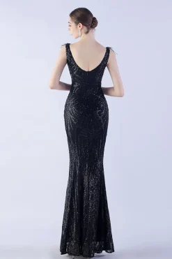 Sereia Lilás V Pescoço Lado Fenda Frisado Vestido de Noite Com Pena