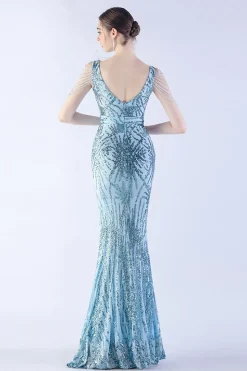 Sereia Lilás V Pescoço Lantejoulas e Penas de Avestruz frisado Vestido de Noite Com Fenda