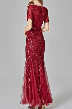 Sereia manga curta vestido de baile vermelho
