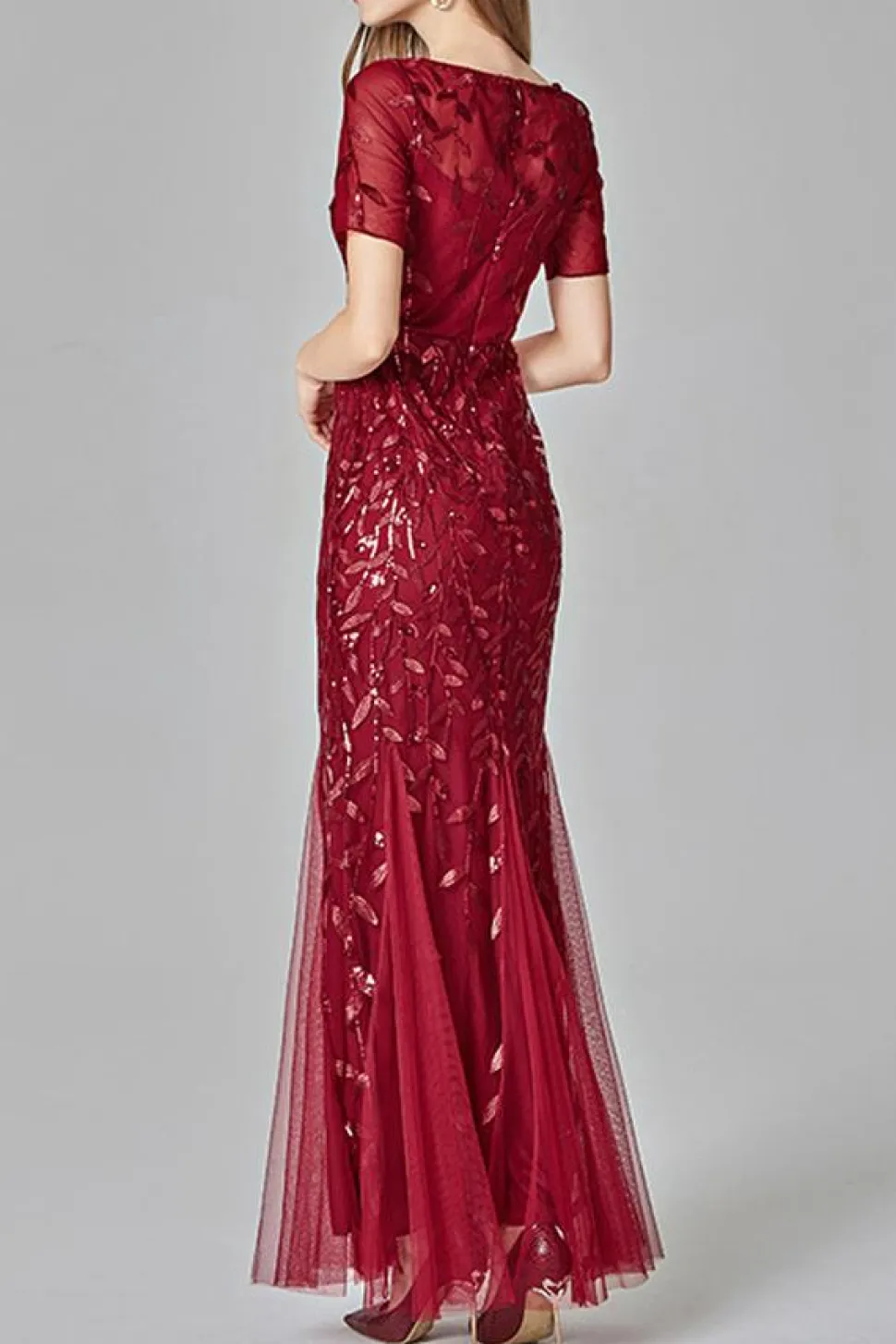 Sereia manga curta vestido de baile vermelho