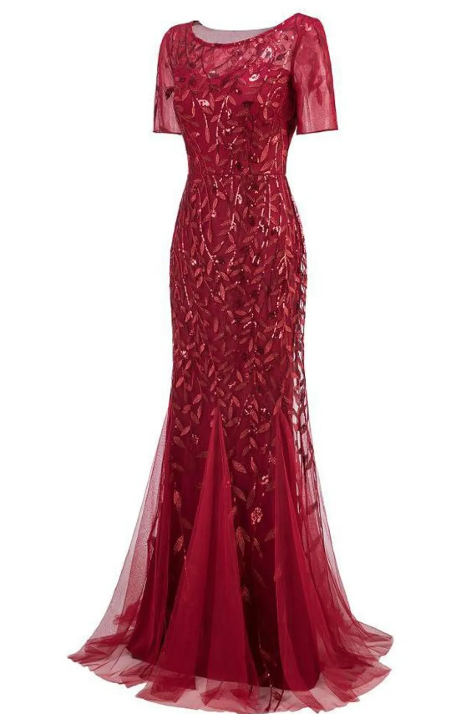 Sereia manga curta vestido de baile vermelho