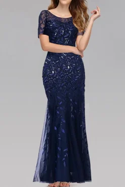 Sereia mangas curtas Navy Prom Dress