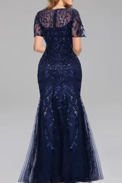Sereia mangas curtas Navy Prom Dress