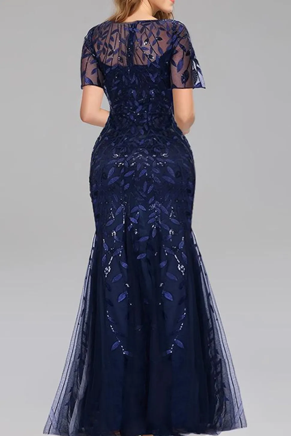 Sereia mangas curtas Navy Prom Dress