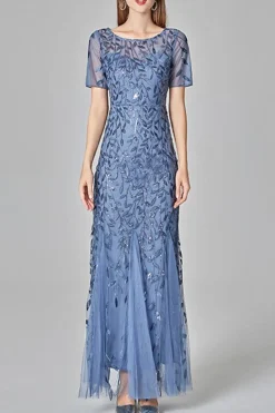 Sereia mangas curtas Navy Prom Dress