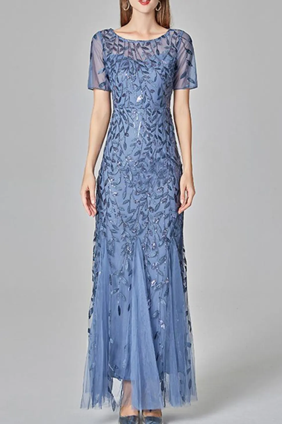 Sereia mangas curtas Navy Prom Dress