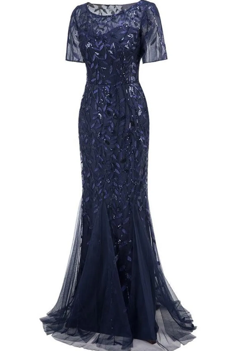 Sereia mangas curtas Navy Prom Dress