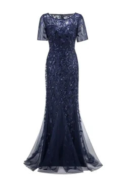 Sereia mangas curtas Navy Prom Dress
