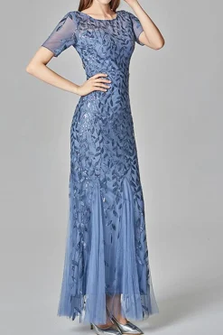 Sereia mangas curtas vestido de baile azul