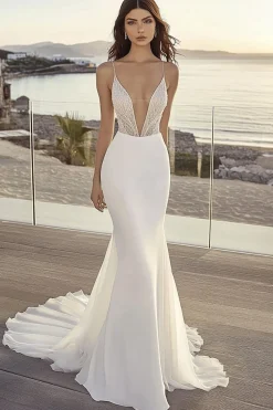 Sereia Marfim Alças Finas Sweep/Brush Trem Vestidos de Noiva