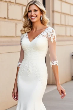 Sereia Marfim Decote em V Sweep/Brush Trem Vestido de Noiva com Apliques