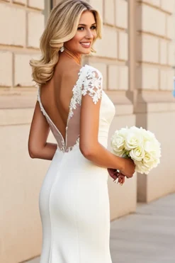 Sereia Marfim Decote em V Sweep/Brush Trem Vestido de Noiva com Apliques