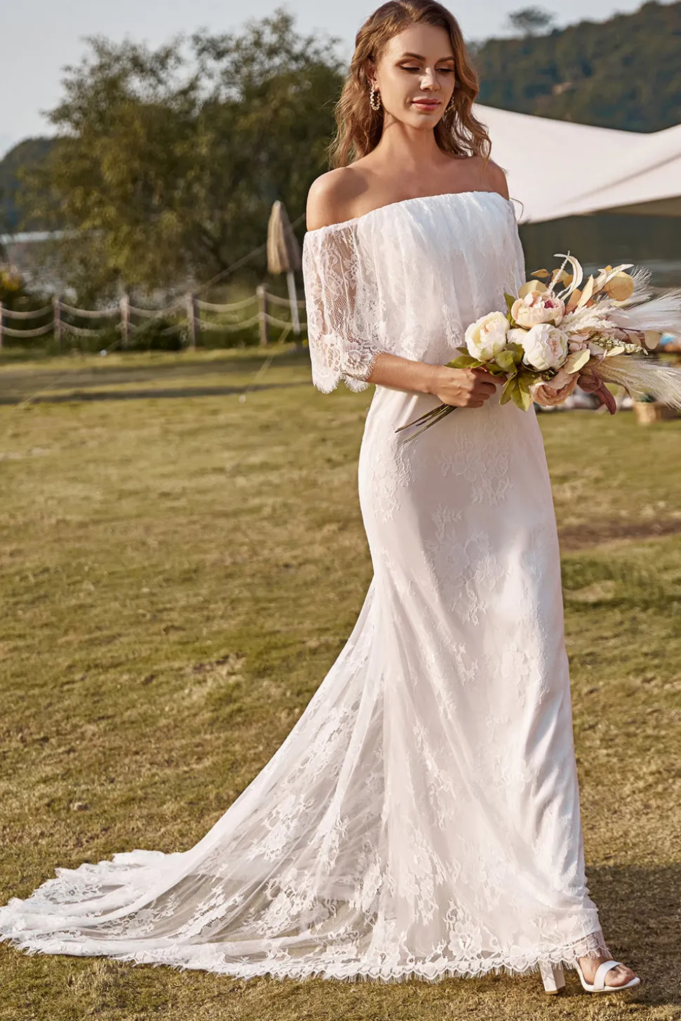 Sereia Marfim Fora do Ombro Renda Vestido de Casamento
