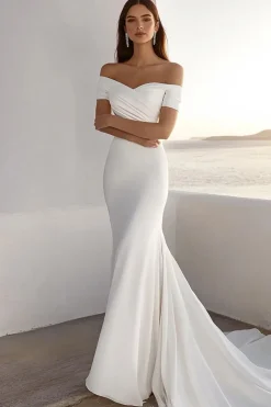 Sereia Marfim Fora do Ombro Ruched Chiffon Longos Vestido de Noiva