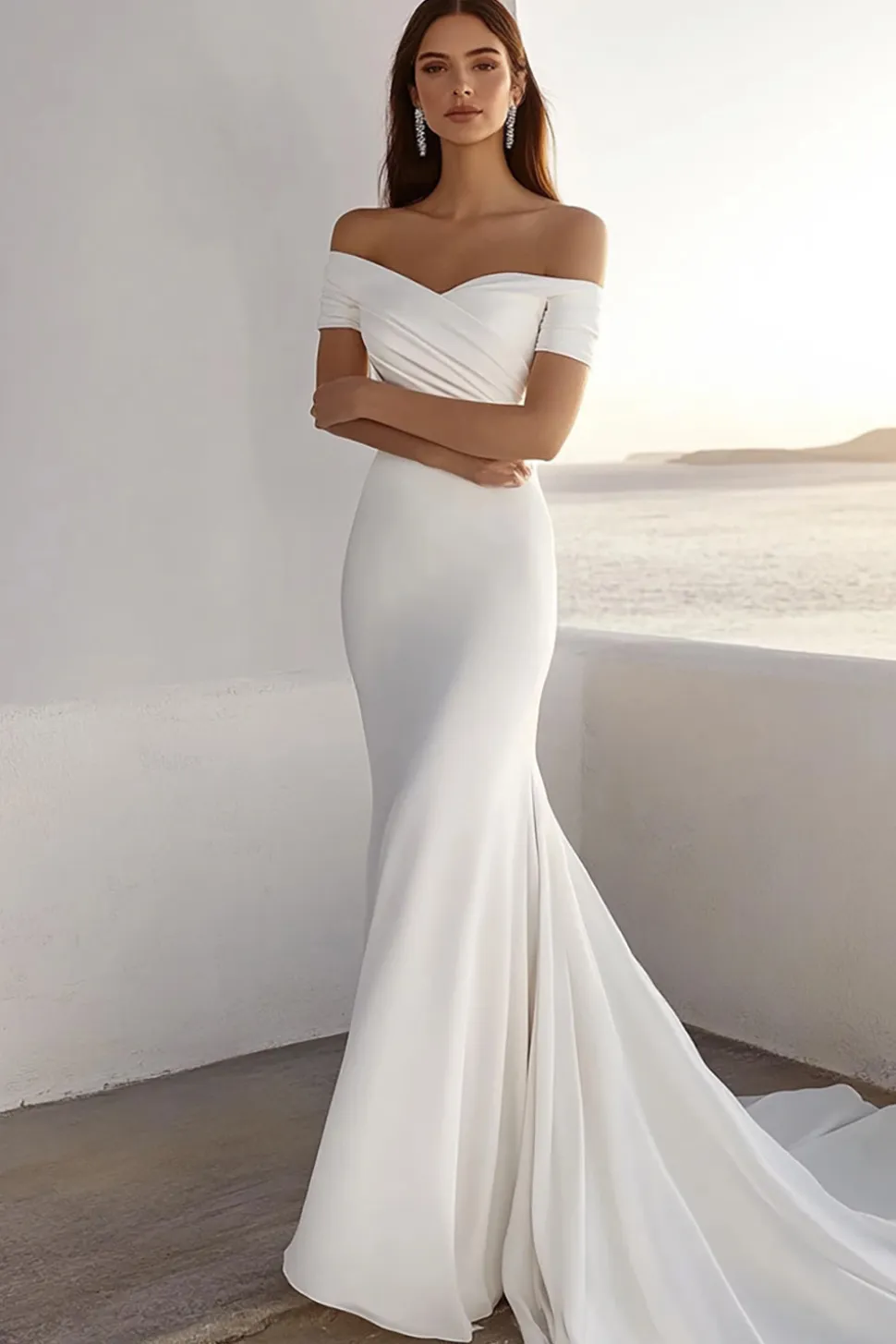 Sereia Marfim Fora do Ombro Ruched Chiffon Longos Vestido de Noiva