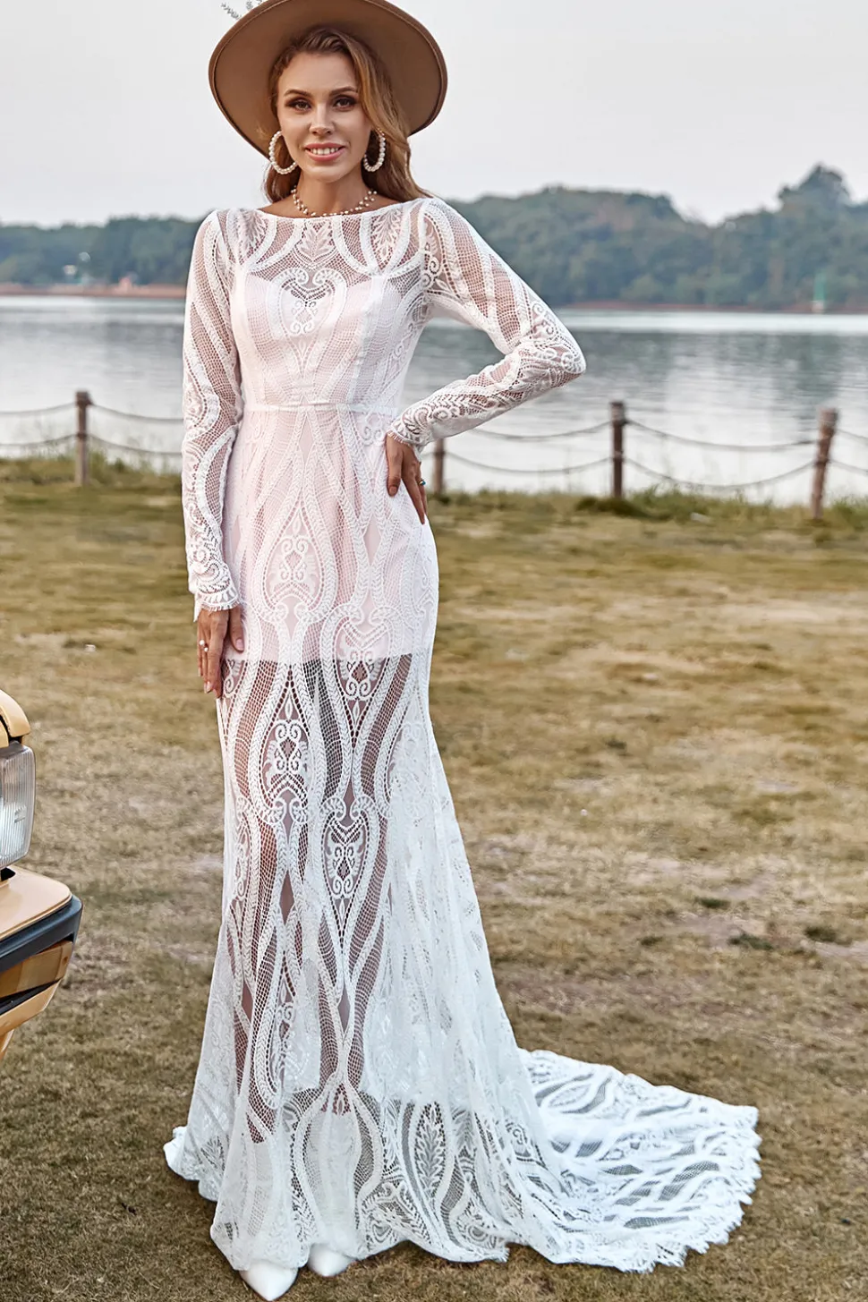 Sereia Marfim Mangas Compridas Renda Vestido de Noiva Boho