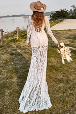 Sereia Marfim Mangas Compridas Renda Vestido de Noiva Boho