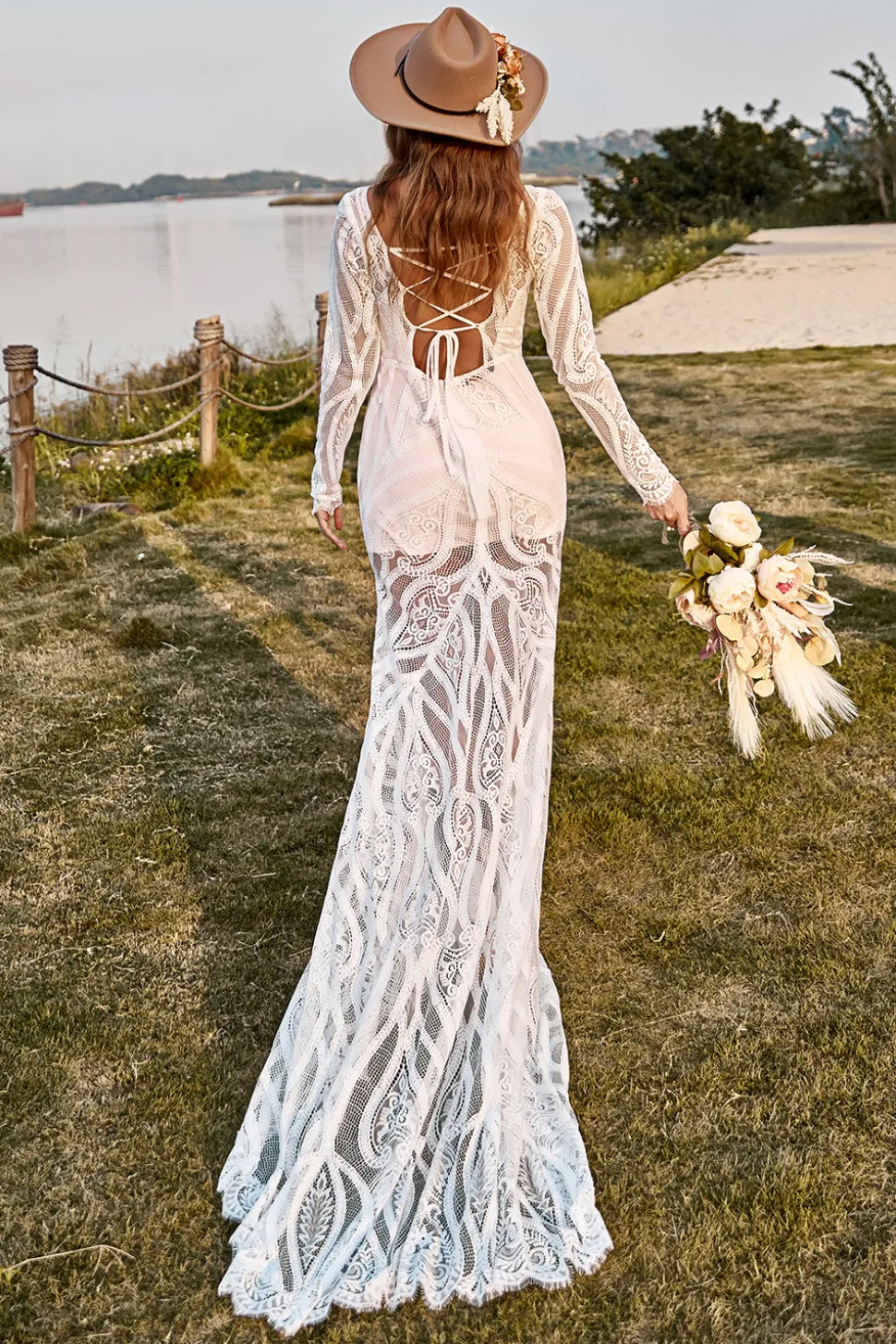 Sereia Marfim Mangas Compridas Renda Vestido de Noiva Boho