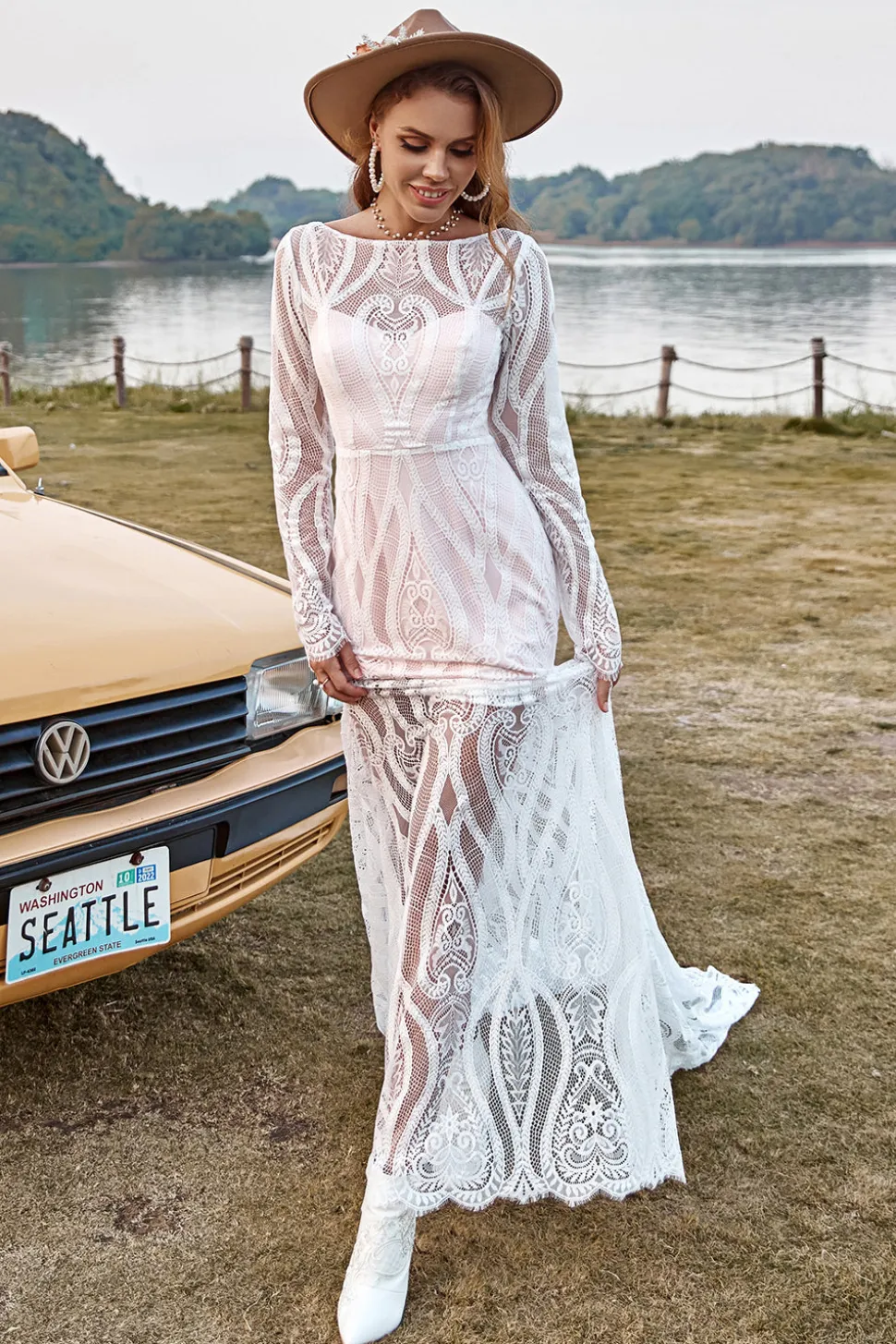 Sereia Marfim Mangas Compridas Renda Vestido de Noiva Boho