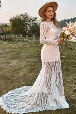 Sereia Marfim Mangas Compridas Renda Vestido de Noiva Boho