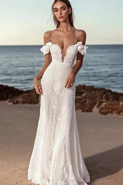 Sereia Marfim Ombro Frio Renda Longos Vestido de Noiva