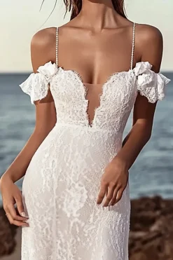 Sereia Marfim Ombro Frio Renda Longos Vestido de Noiva