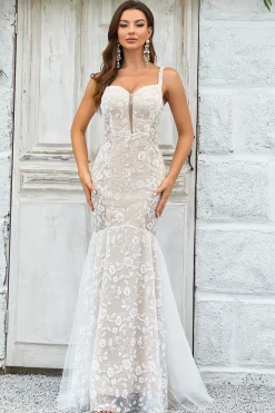 Sereia Marfim Varredura Trem Vestido de Noiva com Renda