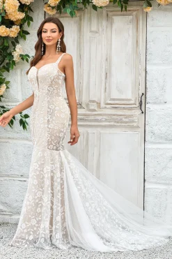 Sereia Marfim Varredura Trem Vestido de Noiva com Renda