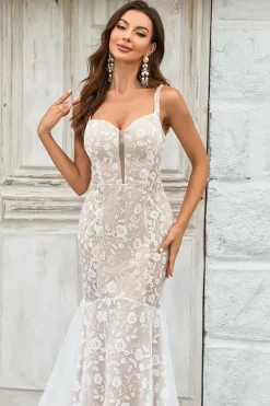 Sereia Marfim Varredura Trem Vestido de Noiva com Renda