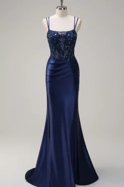 Sereia Marinha Alças Esparguete Espartilho Ruched Long Prom Dress With Slit