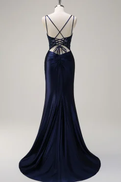 Sereia Marinha Alças Esparguete Espartilho Ruched Long Prom Dress With Slit