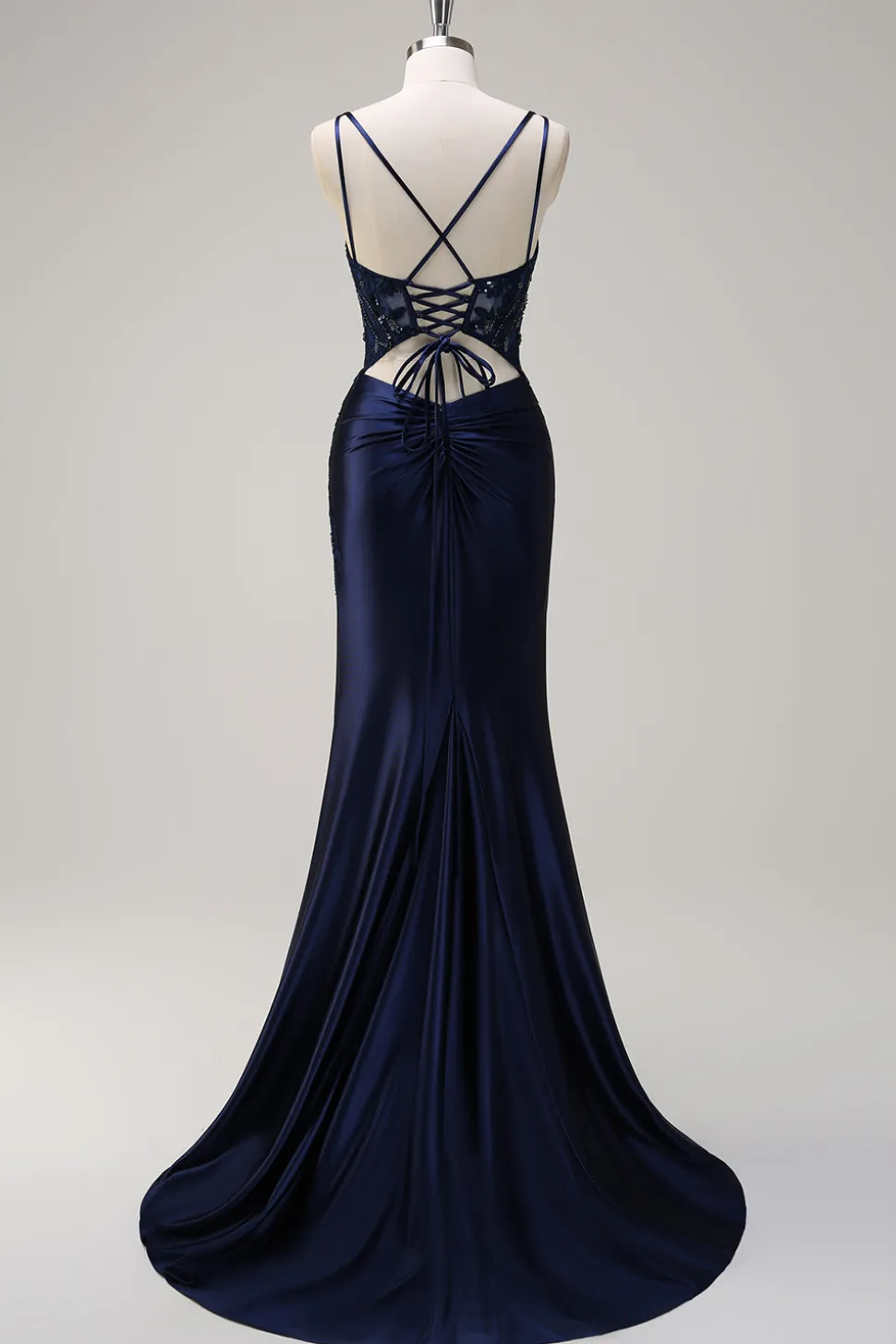 Sereia Marinha Alças Esparguete Espartilho Ruched Long Prom Dress With Slit