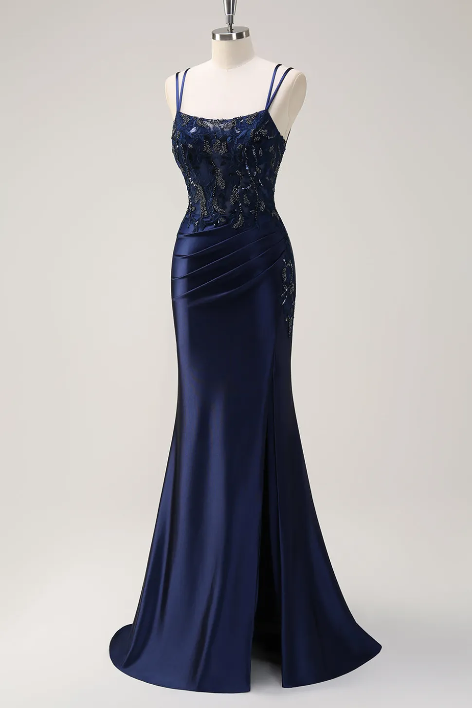 Sereia Marinha Alças Esparguete Espartilho Ruched Long Prom Dress With Slit