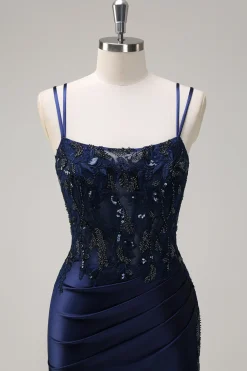 Sereia Marinha Alças Esparguete Espartilho Ruched Long Prom Dress With Slit