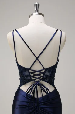 Sereia Marinha Alças Esparguete Espartilho Ruched Long Prom Dress With Slit